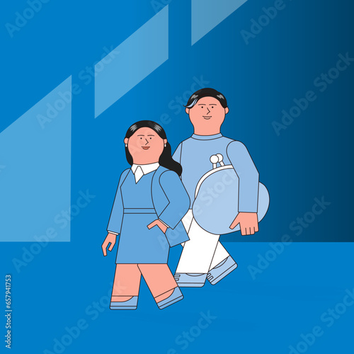 歩いているお財布を持つ男女