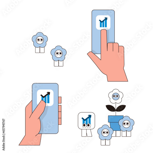 スマホを操作する手とお金にまつわるキャラクターたち