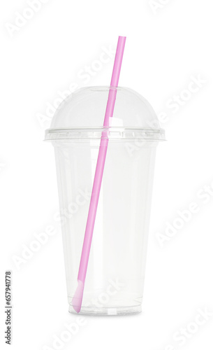 Empty plastic cup with straw isolated on white