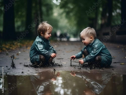 Two toddlers playing in a puddle of water