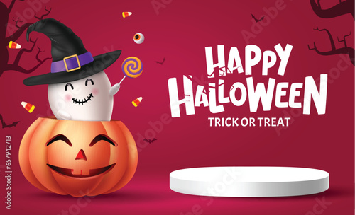 Happy halloween text vector design. Halloween trick or treat podium stage with pumpkin basket and ghost characters for horror party decoration elements. Vector illustration greeting card design.
