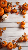 pumpkin over white wooden table background. Backdrop with copy space