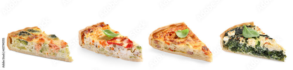 Pieces of different quiches isolated on white, set