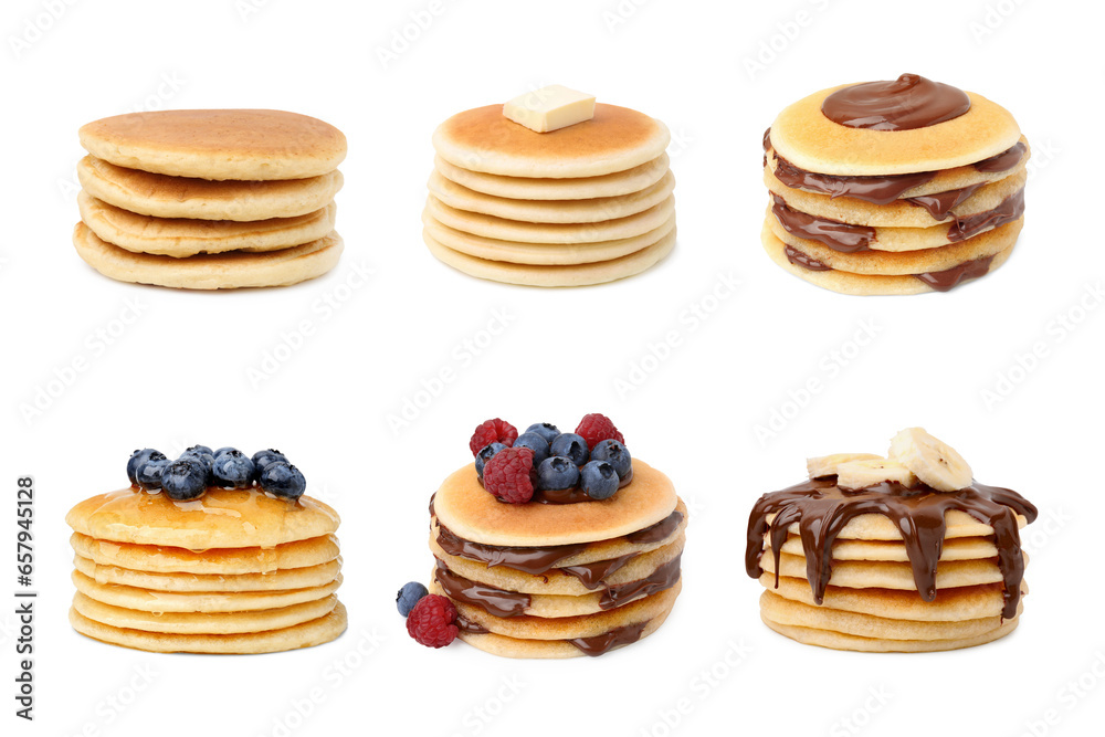 Set of tasty pancakes with toppings isolated on white Set of tasty pancakes with toppings isolated on white