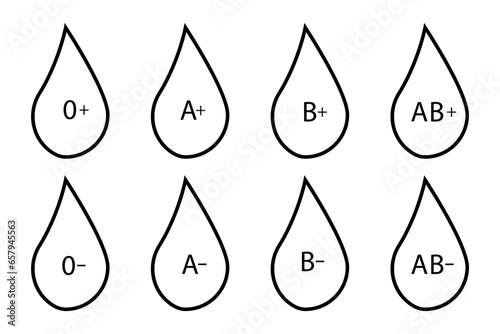 Type blood icons set. Blood drops chart for donation. Vector illustration. EPS 10.