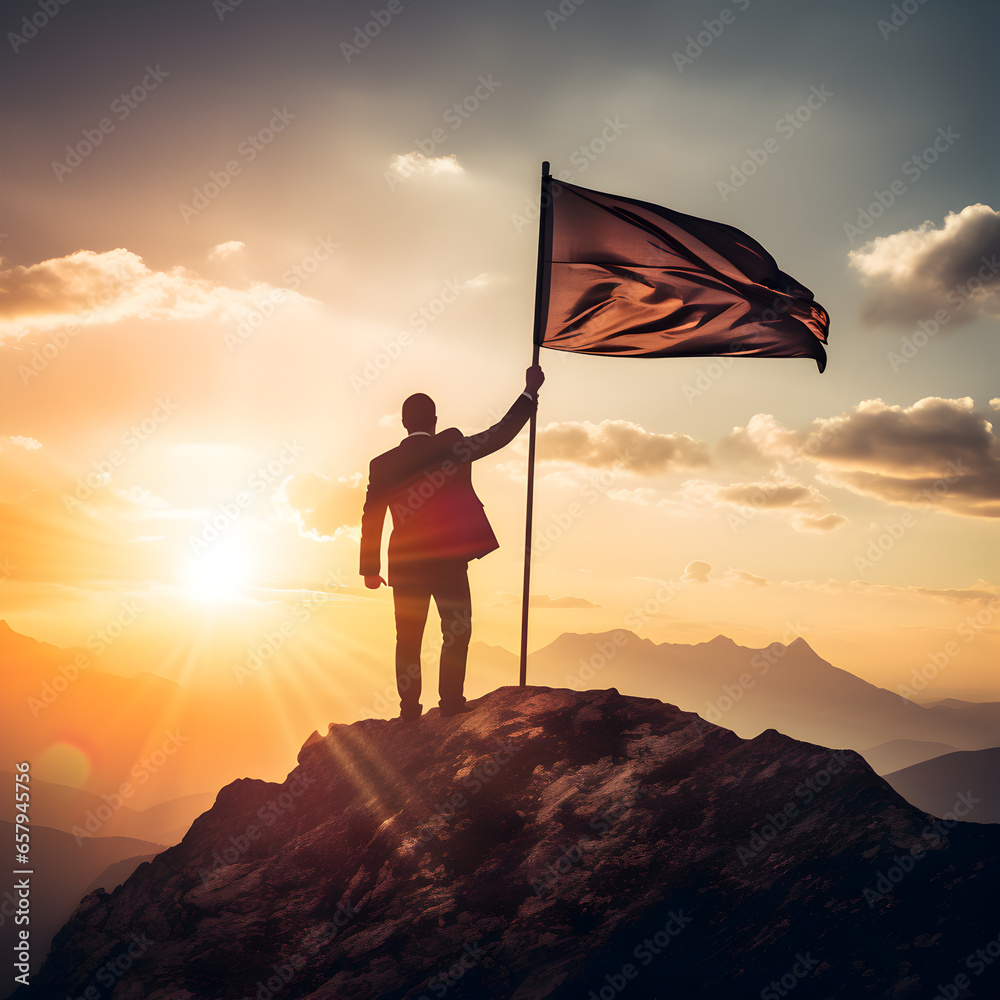 Businessman standing on top of a mountain with a flag. A symbol of business achievement and success. 