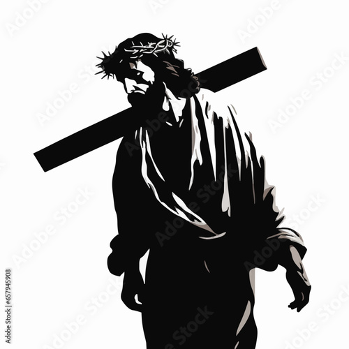 Jesus carrying the cross black and silhouette on a whit