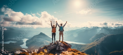 Couple raised their hands celebrate for success hiking at top of a mountain. Generative AI technology.