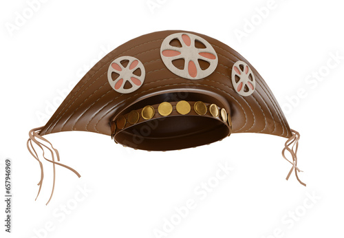 Chapéu de Couro Cangaceiro Lampião com flor artesanato para campanhas do nordeste nordestino  png sem fundo visão FRONTAL inclinada