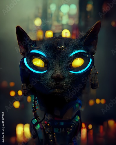 cyberpunk egyptian catin cyberpunk city with robot big moon neon bleu light scifi unreal engine 8k hyper realistic octane render  photo