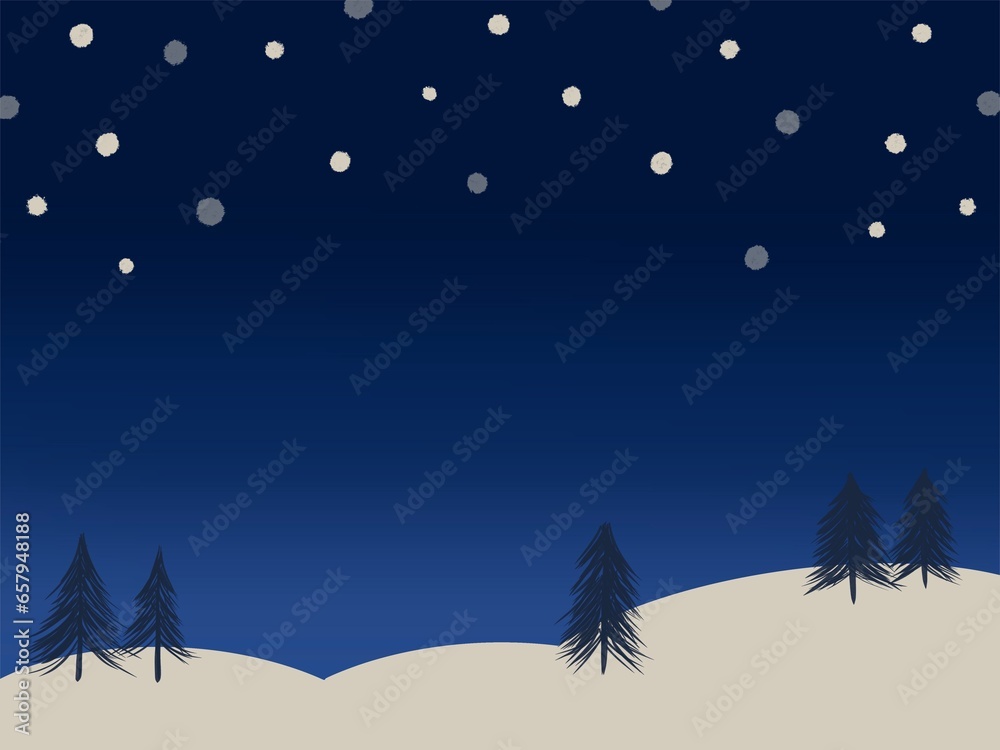 Obraz premium 雪降る真夜中の森の背景 壁紙 ウィンターシーズン 横