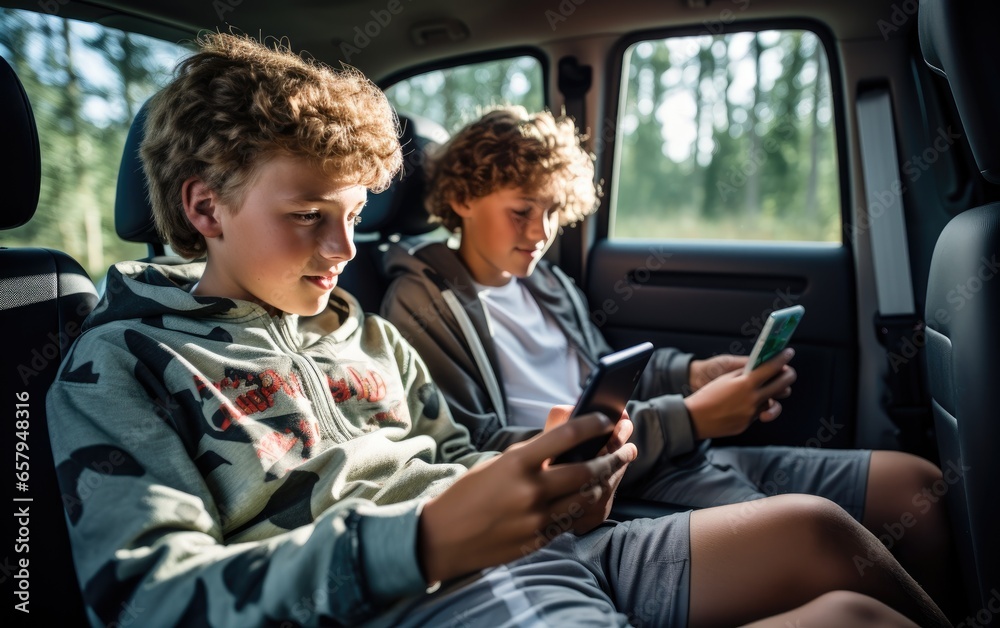 At the back seat of the car, there are two teenagers playing in their gadgets. Generative AI