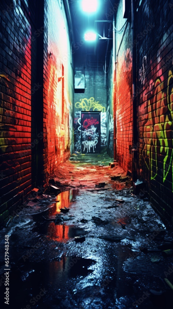 A dark alley with graffiti on the walls