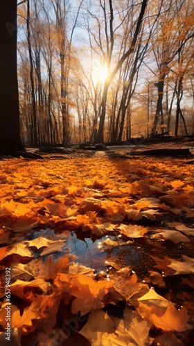 The sun shines through the trees and leaves on the ground