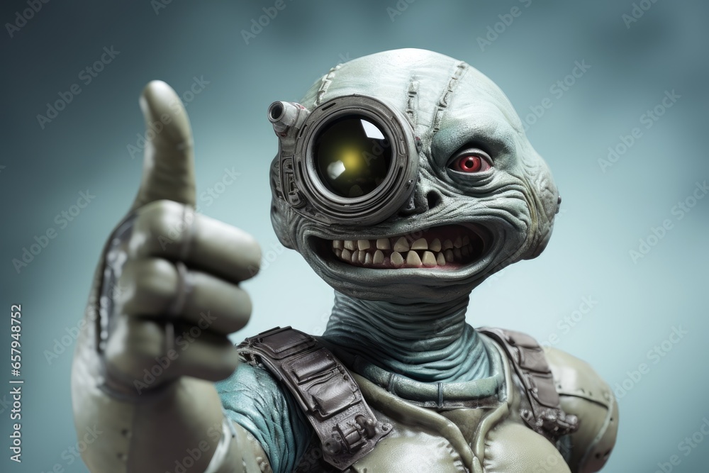 Space alien showing thumbs-up signal gesture on abstract background. Space alien showing thumbs-up signal gesture on abstract background.
