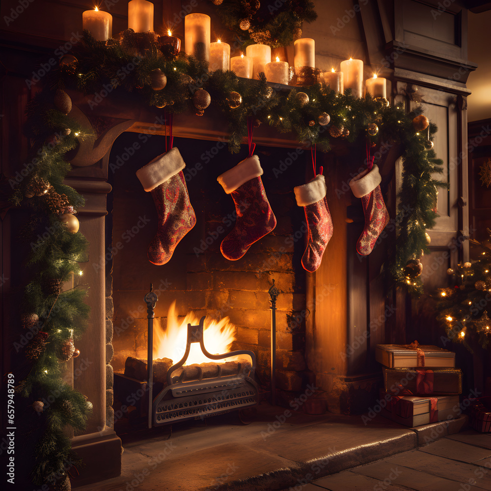 Christmas stockings hanging over a fire in a fireplace. A holiday season concept. Generative ai. 