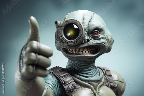 Space alien showing thumbs-up signal gesture on abstract background.