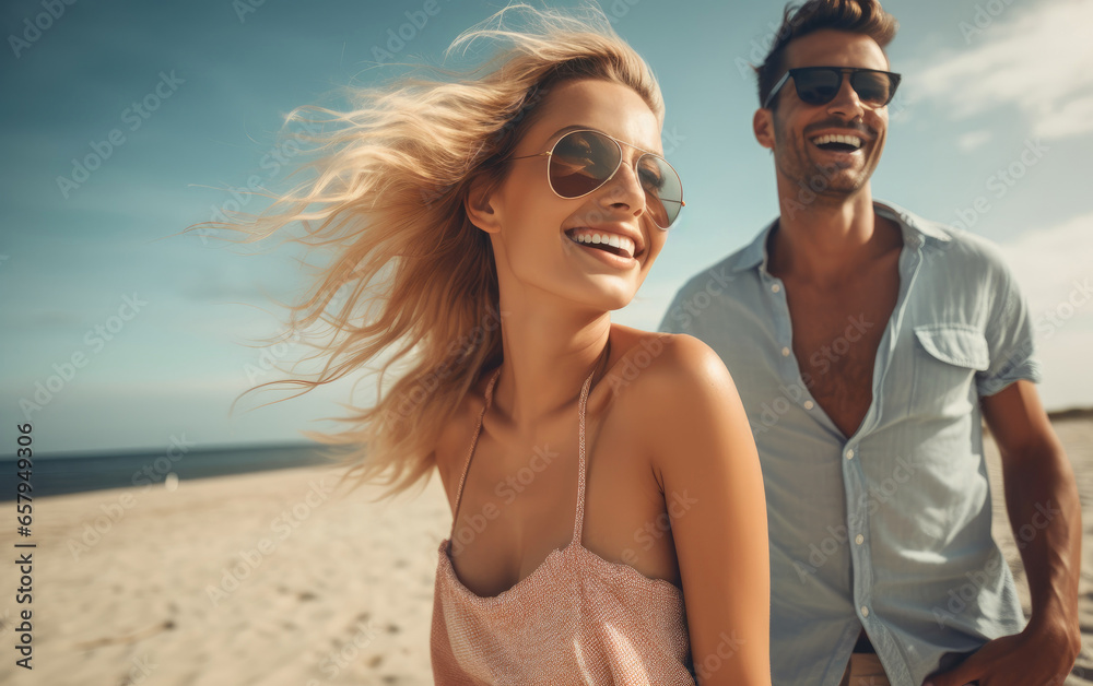 Beautiful woman with handsome man enjoying vacation at beach. Generative AI Beautiful woman with handsome man enjoying vacation at beach. Generative AI