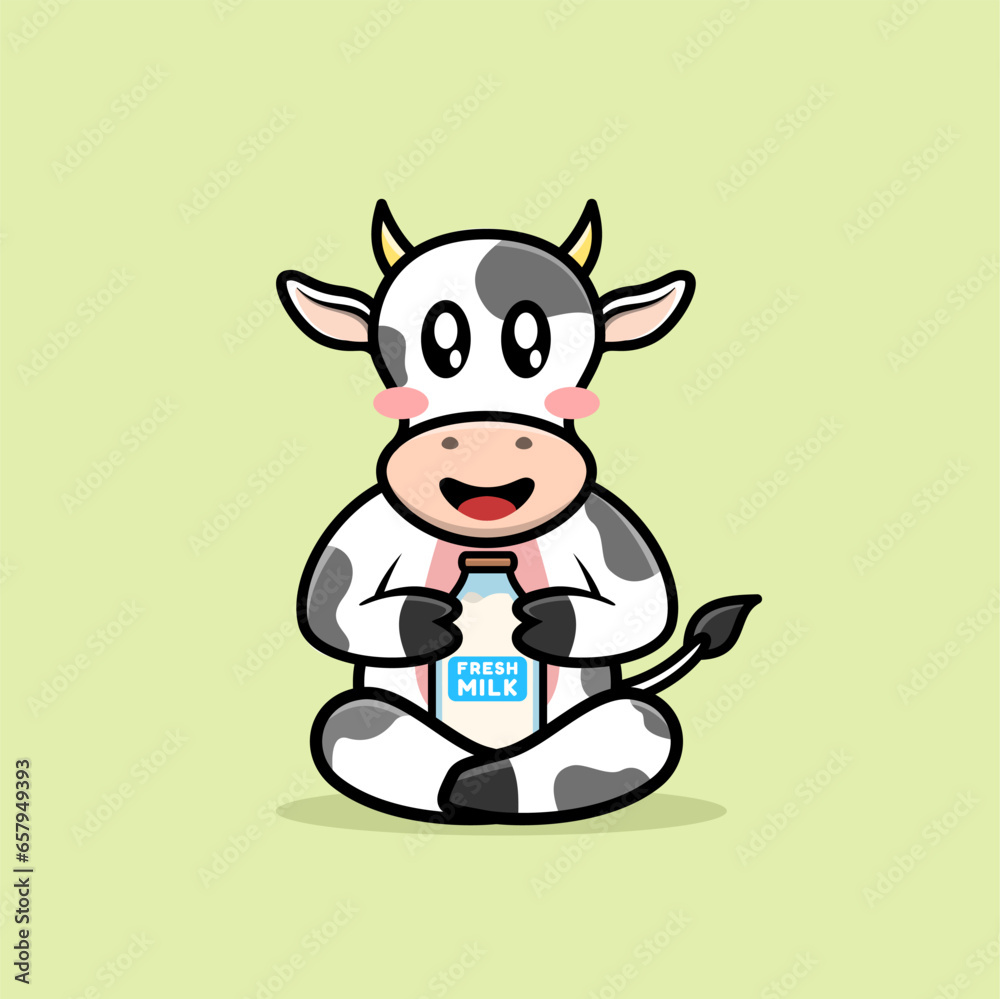 Cute cow sitting and holding fresh milk bottle, animal mascot logo cartoon, Vector flat illustration. Cute cow sitting and holding fresh milk bottle, animal mascot logo cartoon, Vector flat illustration.