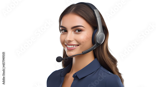 Young Woman in a Call Center isolated in a white background : Professional Customer Service Representative Assisting a Client , Call Center Operator, Customer Support