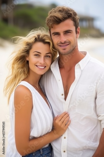 Beautiful woman with handsome man enjoying vacation at beach. Generative AI