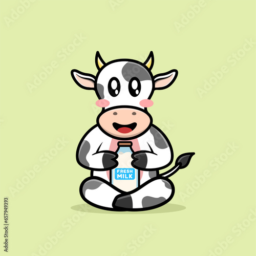 Cute cow sitting and holding fresh milk bottle  animal mascot logo cartoon  Vector flat illustration.