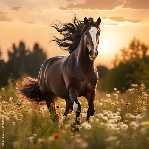 Wild Stallion running in a field with the sun in the background. Generative ai. 
