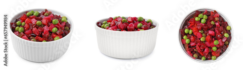 Fotografia Tasty vinaigrette salad in bowl isolated on white, top and side views