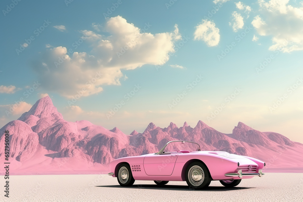 Beautiful classic car pink wallpaper mountains view retro style 