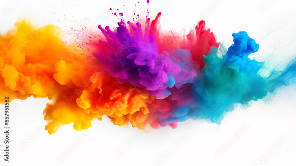 Colored powder explosion. Paint holi, Colorful rainbow holi paint splash on isolated white background. Generated with AI Tool