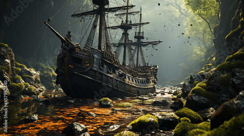Seasonally damaged old pirate ship, bright daylight, with 3d generative ai photo