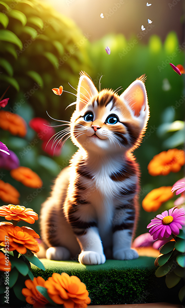 A cute cat looks at a butterfly in the garden. Generative ai