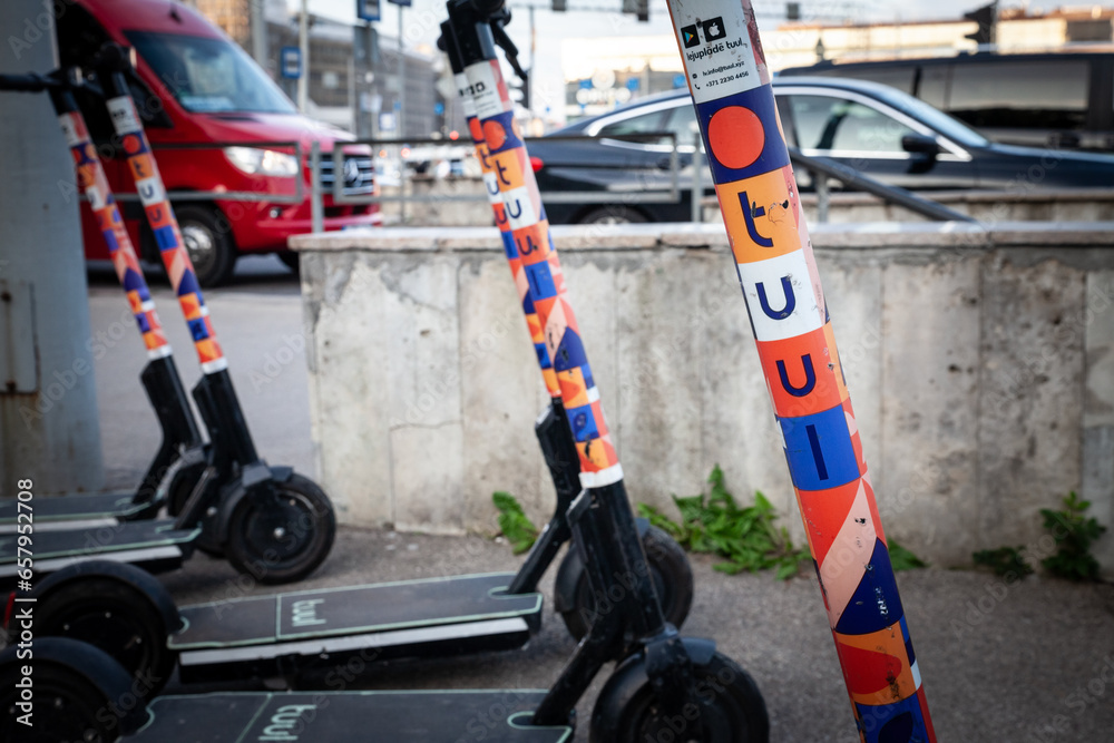 RIGA, LATVIA AUGUST 22, 2022 Tuul Mobility logo on electric scooters to rent in Riga. Tuul is