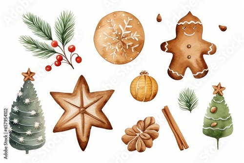 Festive Christmas cookies and decorations in a beautiful watercolor drawing