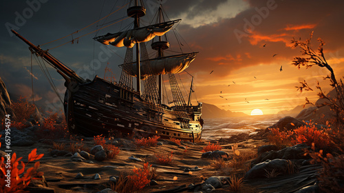 Seasonally damaged old pirate ship, bright daylight, with 3d generative ai