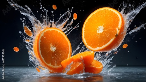 Fresh orange fruit slices with water splash