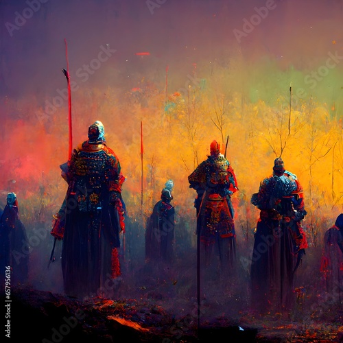 Army of royal knights and samurai on their knees praying to a God like being with golden skin and shining like the sun octane rendered bright colors vibrant colors smooth details dark fantasy wide 