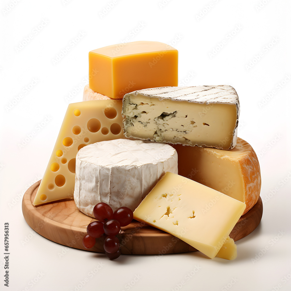 Different cheeses on a wood board. Includes Swiss, Blue Cheese, Cheddar, and Brie. Generative ai. 