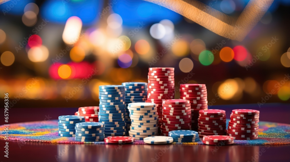 Poker chips stacked with a shimmering casino backdrop Poker chips stacked with a shimmering casino backdrop