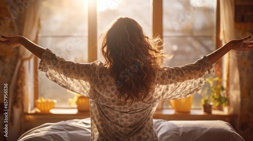 Rejuvenated woman stretching in bed, bathed in morning sunlight