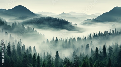 Misty mountain landscape. Fir trees foregrounding a fog-shrouded forest © PRI