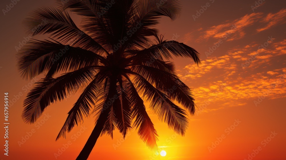 Palm tree silhouette under a radiant sunset