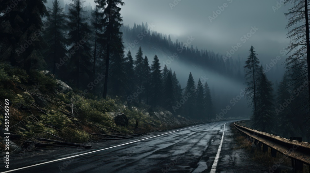 Desolate mountain road skirting a dense forest under a cloudy dusk - obrazy, fototapety, plakaty 