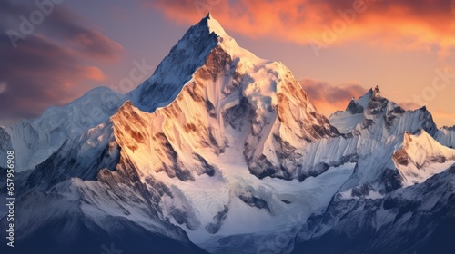 Snow capped mountain peaks glowing at dawn