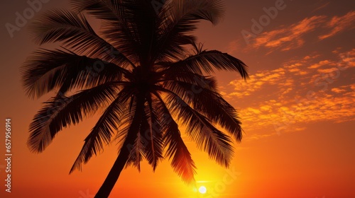 Palm tree silhouette under a radiant sunset