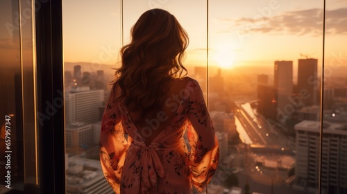 Elegant woman relishing the sunset from a high-rise balcony © PRI