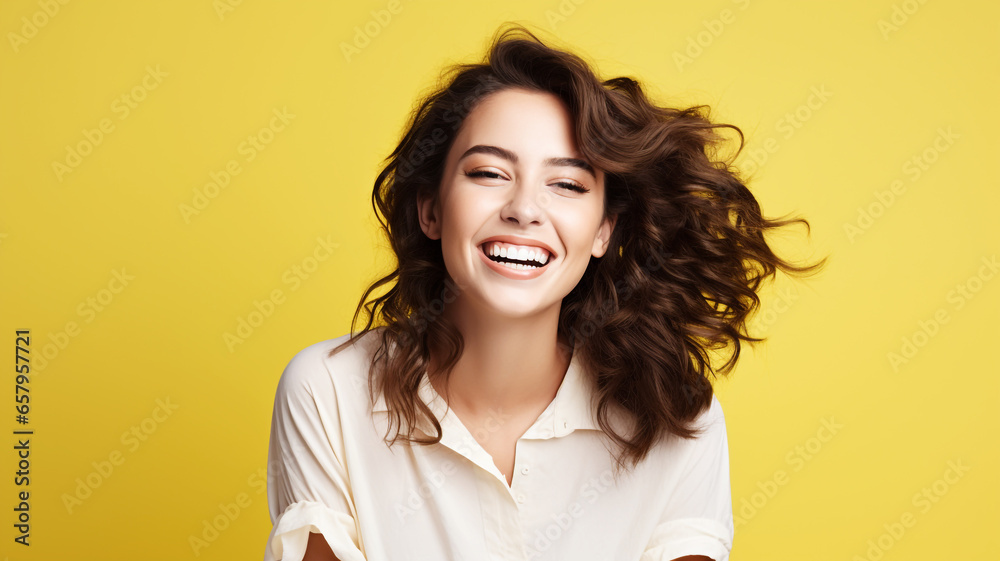 Happy young woman on a yellow background Happy young woman on a yellow background