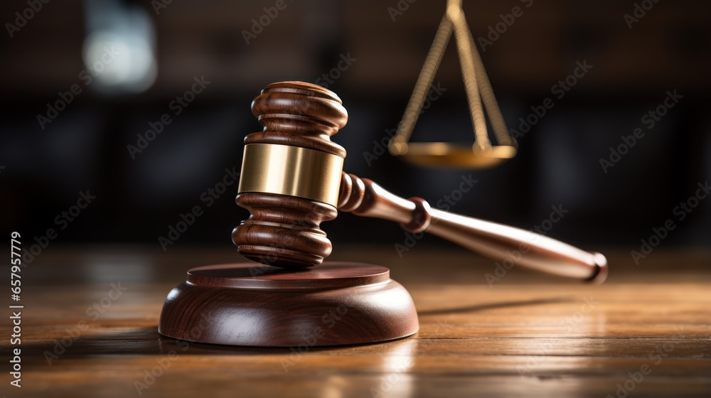 Symbol of justice. Gavel poised on a sturdy wooden block