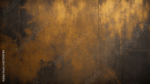 Distressed painted surface. Gold, brown, black antique and aged metal, wall. Vintage texture backdrop