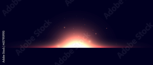 Planet horizon shine effect. Red orange solar light glare concept. Abstract glowing halo in dark space. Sun eclipse with sparks illustration. Vector design for poster, banner, cover, brochure, booklet